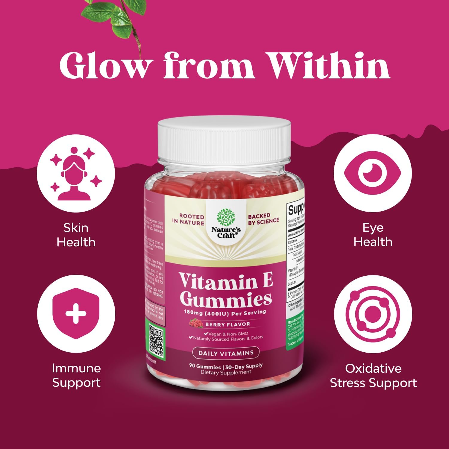 Natures Craft Gominolas de Vitamina E 400 UI - Suplemento para el Cuidado de la Piel, Apoyo Inmune y Protección Celular - 90 Gominolas