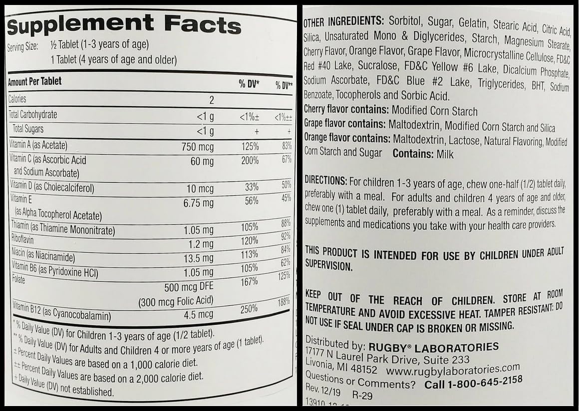 250 Comprimidos Multivitamínico Masticable Infantil Formas de Animales Sabor a Frutas Asurtidas, Complemento Alimenticio - Rugby