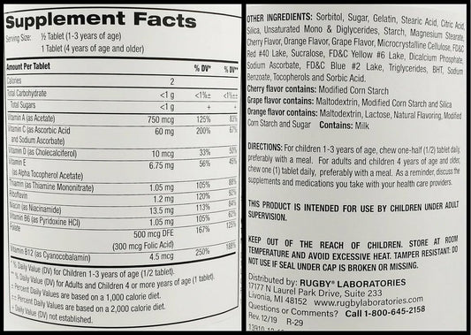 250 Comprimidos Multivitamínico Masticable Infantil Formas de Animales Sabor a Frutas Asurtidas, Complemento Alimenticio - Rugby