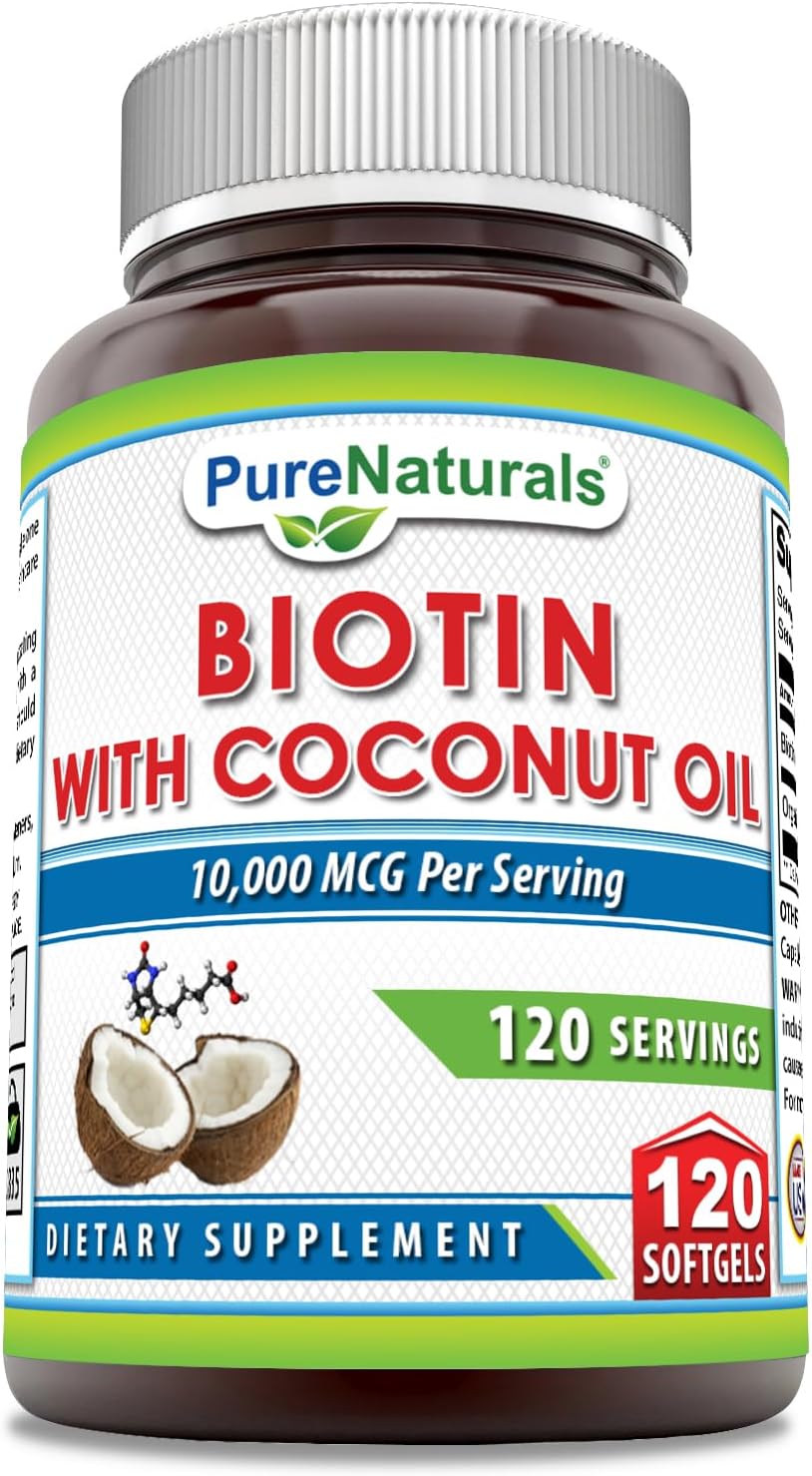Pure Naturals Biotin 10000 mcg con Aceite de Coco Virgen Extra - 120 Cápsulas Blandas
