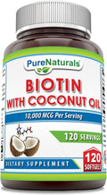 Pure Naturals Biotin 10000 mcg con Aceite de Coco Virgen Extra - 120 Cápsulas Blandas