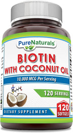 Pure Naturals Biotin 10000 mcg con Aceite de Coco Virgen Extra - 120 Cápsulas Blandas