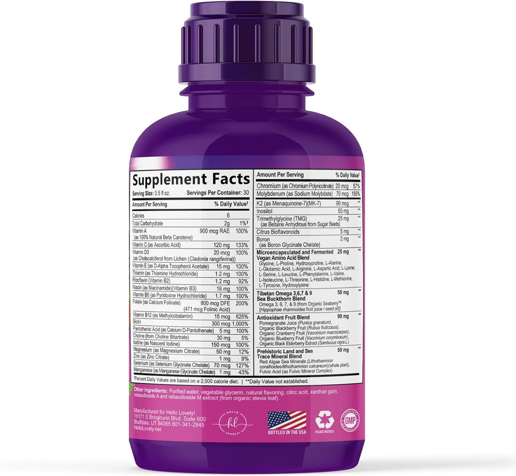 Hello Lovely! Multivitamínico Líquido Sin Azúcar - Complejo de Vitaminas A, C, D, B12, Biotina y Zinc - Sabor Bayas, 444 ml