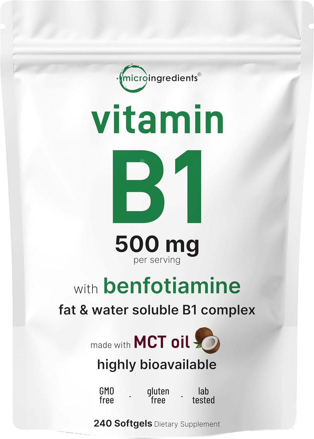 Micro Ingredients Vitamina B1 Tiamina 500mg con Benfotiamina y Aceite MCT, 240 Cápsulas Blandas | Suplemento Altamente Biodisponible para Energía y Sistema Nervioso* | No-GMO, Sin Soja