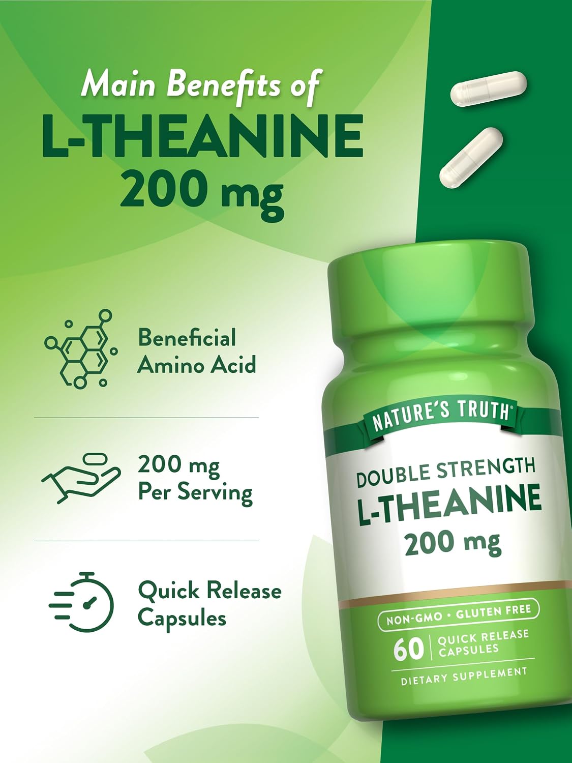 L-Teanina 200 mg – 60 Cápsulas de Liberación Rápida – Nature's Truth
