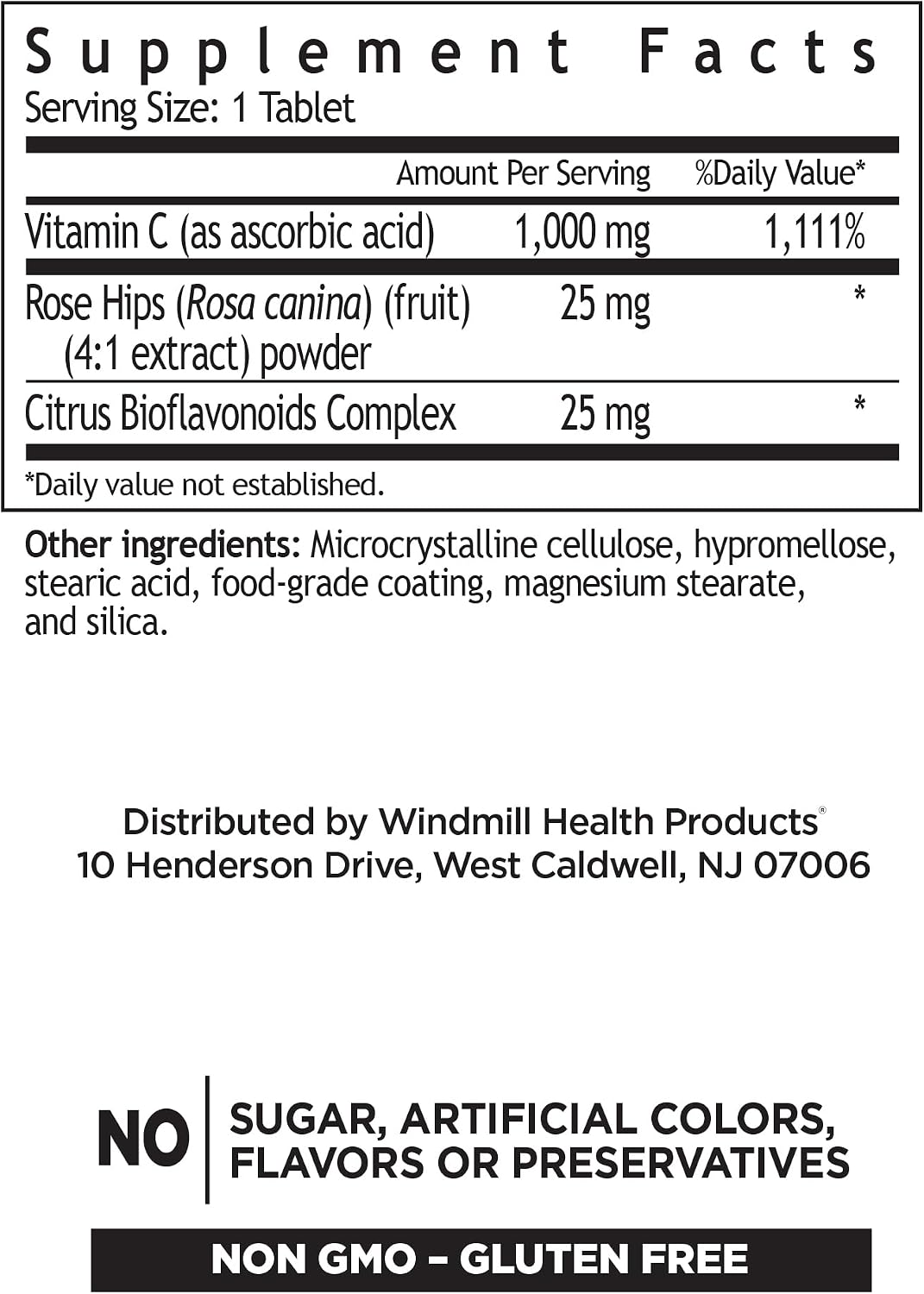Windmill Natural Vitamins Vitamina C 1000mg Liberación Prolongada con Escaramujo y Bioflavonoides