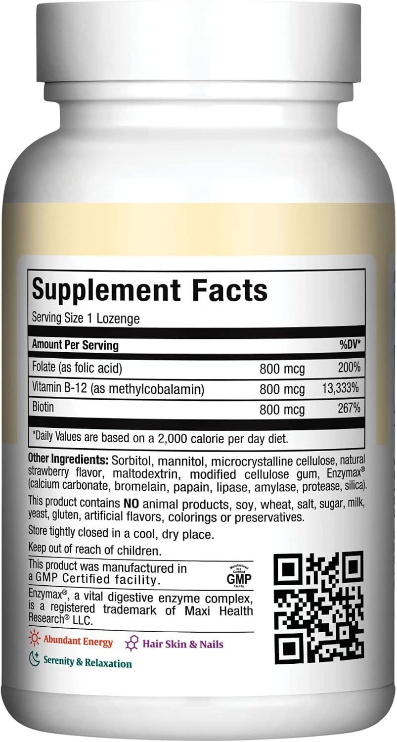 Vitamina B12 Sublingual con Ácido Fólico y Biotina - 180 Pastillas Sabor Fresa - Maxi Health