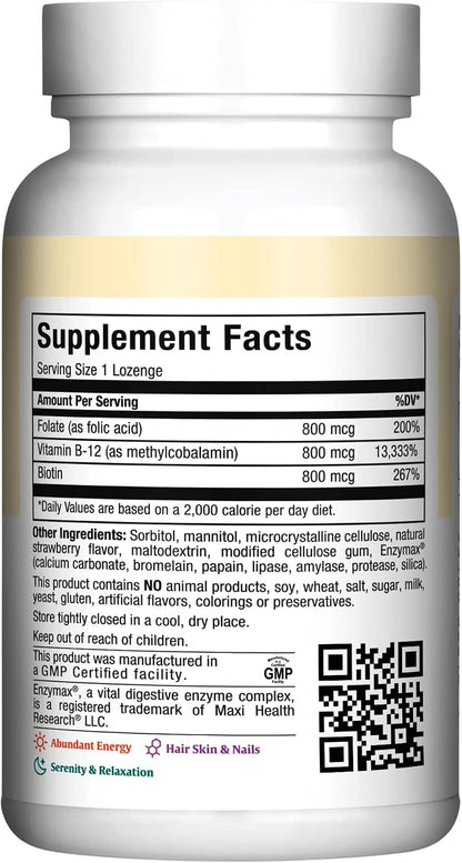 Vitamina B12 Sublingual con Ácido Fólico y Biotina - 180 Pastillas Sabor Fresa - Maxi Health – Image 2