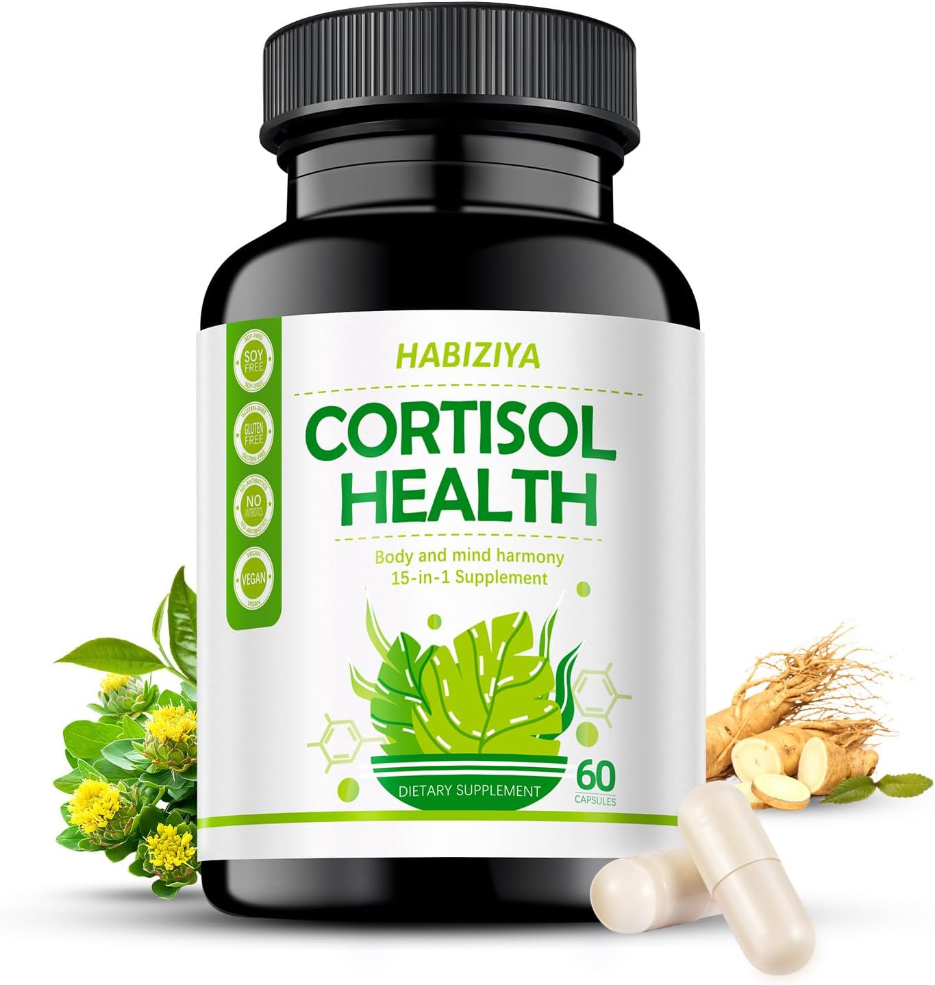 Suplemento de Control de Cortisol 15 en 1 con Magnesio Glicinato, L-Teanina, Ashwagandha y Rhodiola Rosea – 60 Cápsulas