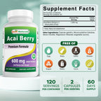 Acai Berry 600mg por Dosis - 100% Puro - 120 Cápsulas
