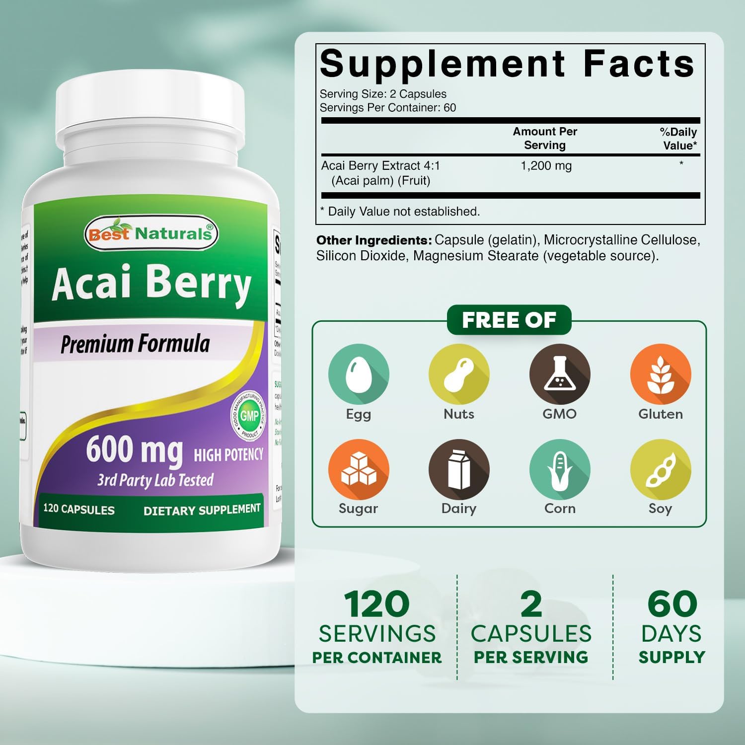 Acai Berry 600mg por Dosis - 100% Puro - 120 Cápsulas