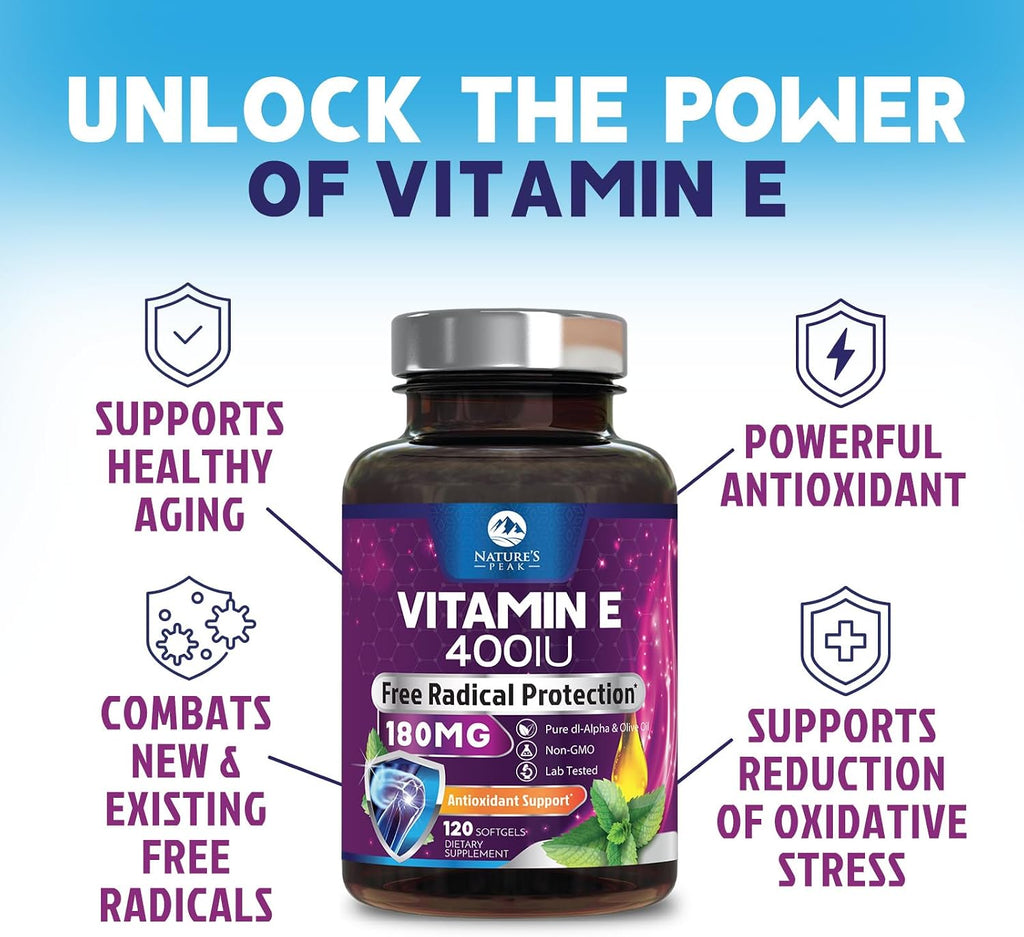 Vitamina E (DL-alfa-tocoferol) 180 mg por dosis - Cápsulas blandas - Apoyo antioxidante para piel, corazón e inmunidad - 120 cápsulas