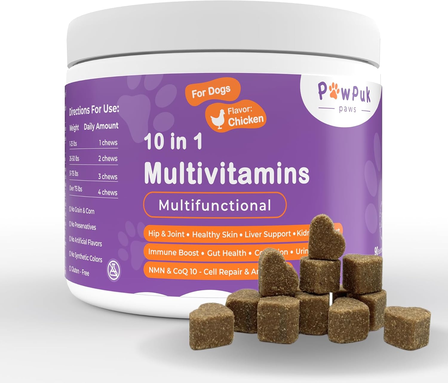 Pawpuk Paws Suplemento Multifuncional para Perros con Silimarina, Mejillón de Labio Verde, Glucosamina, MSM, Aceite de Salmón, Probióticos, Co-Q10, NMN