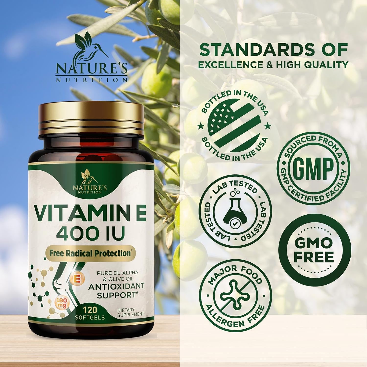 Vitamina E 180mg con dl-Alfa Tocoferol - Suplemento Antioxidante para la Piel, Corazón y Sistema Inmunitario - 120 Cápsulas Blandas