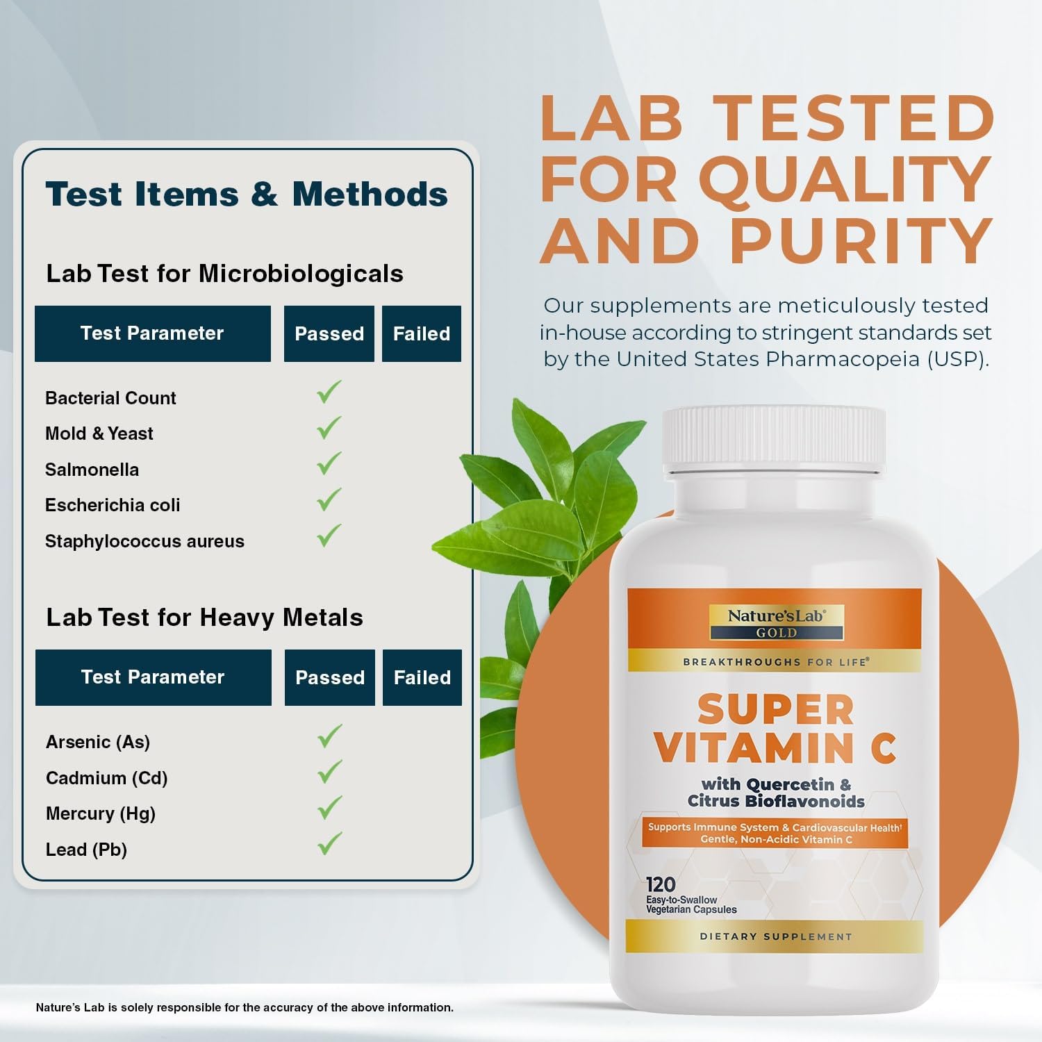 Nature's Lab Gold Super Vitamina C 1000mg – Complejo de Bioflavonoides y Quercetina – Cápsulas No Ácidas – 120 Cápsulas (2 Meses)