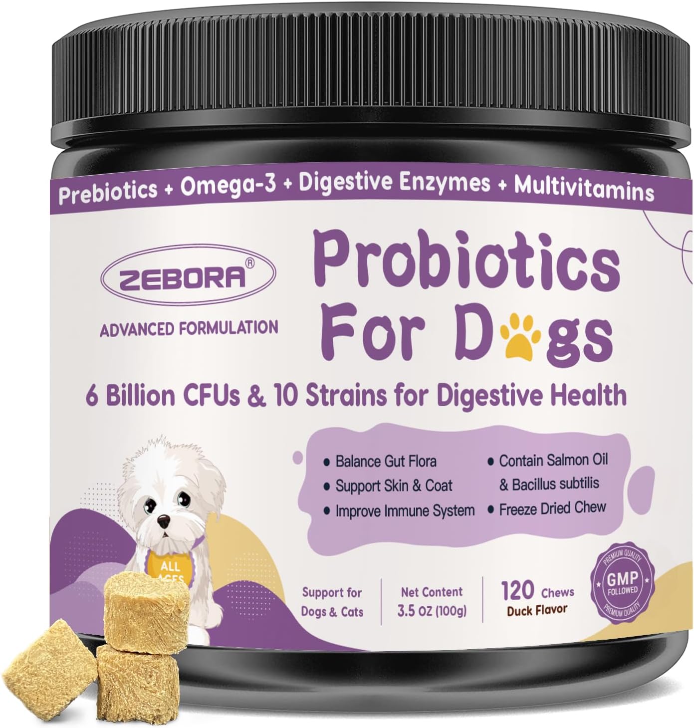Probióticos para Perros – 6 Billones de UFC y 10 Cepas con Prebióticos, Omega-3, Enzimas Digestivas y Multivitaminas, Masticables Sabor Pato para Salud Digestiva e Inmune, 120 Chews