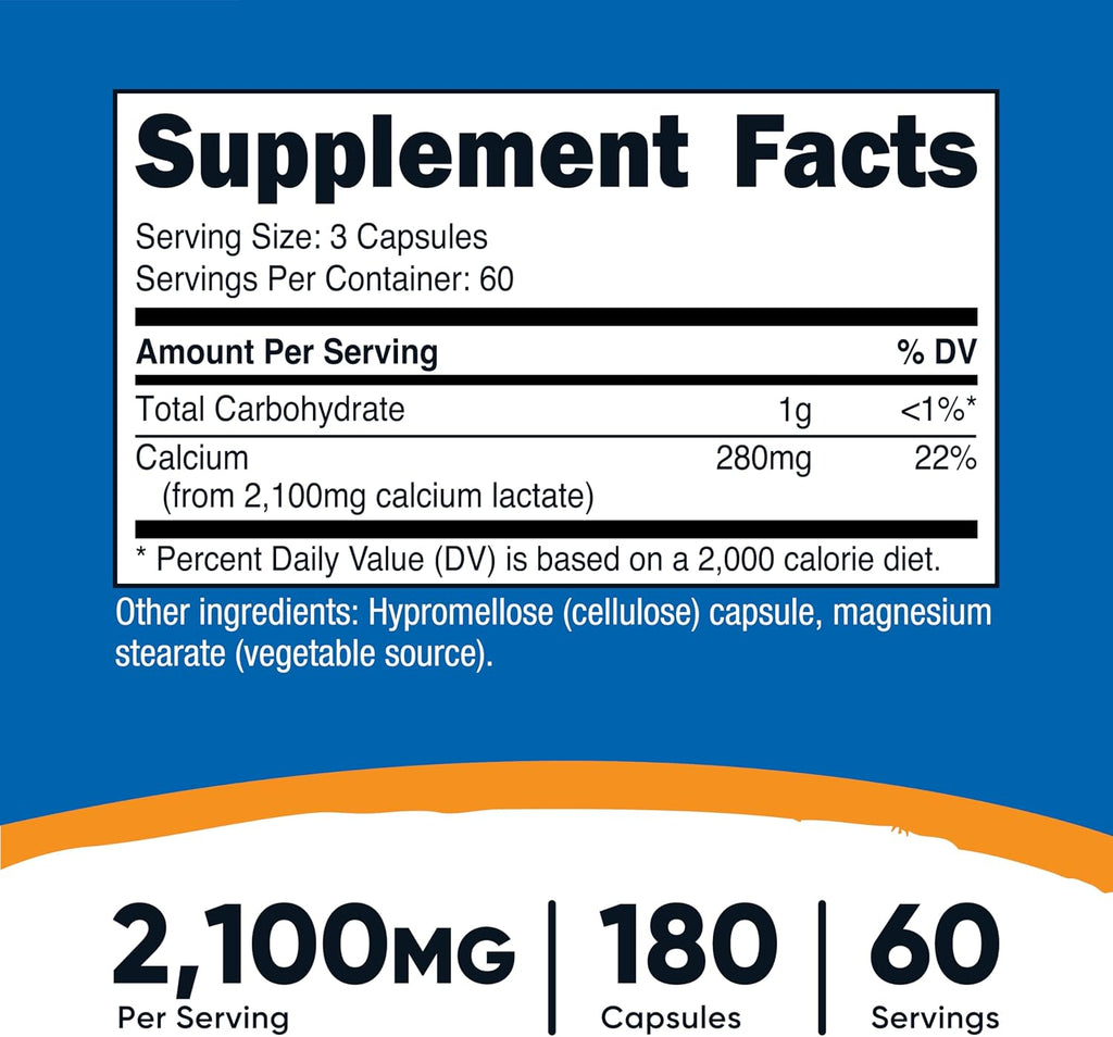 Nutricost Lactato de Calcio 2,100mg - 180 Cápsulas - Vegano, Sin Gluten