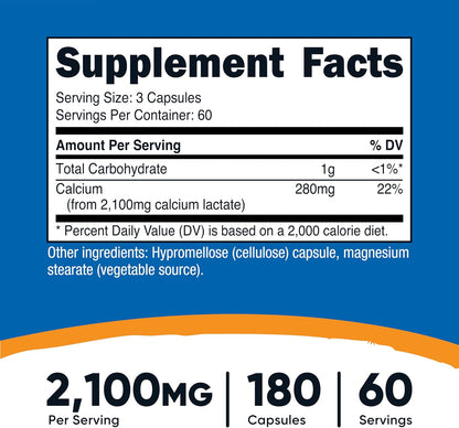 Nutricost Lactato de Calcio 2,100mg - 180 Cápsulas - Vegano, Sin Gluten – Image 2