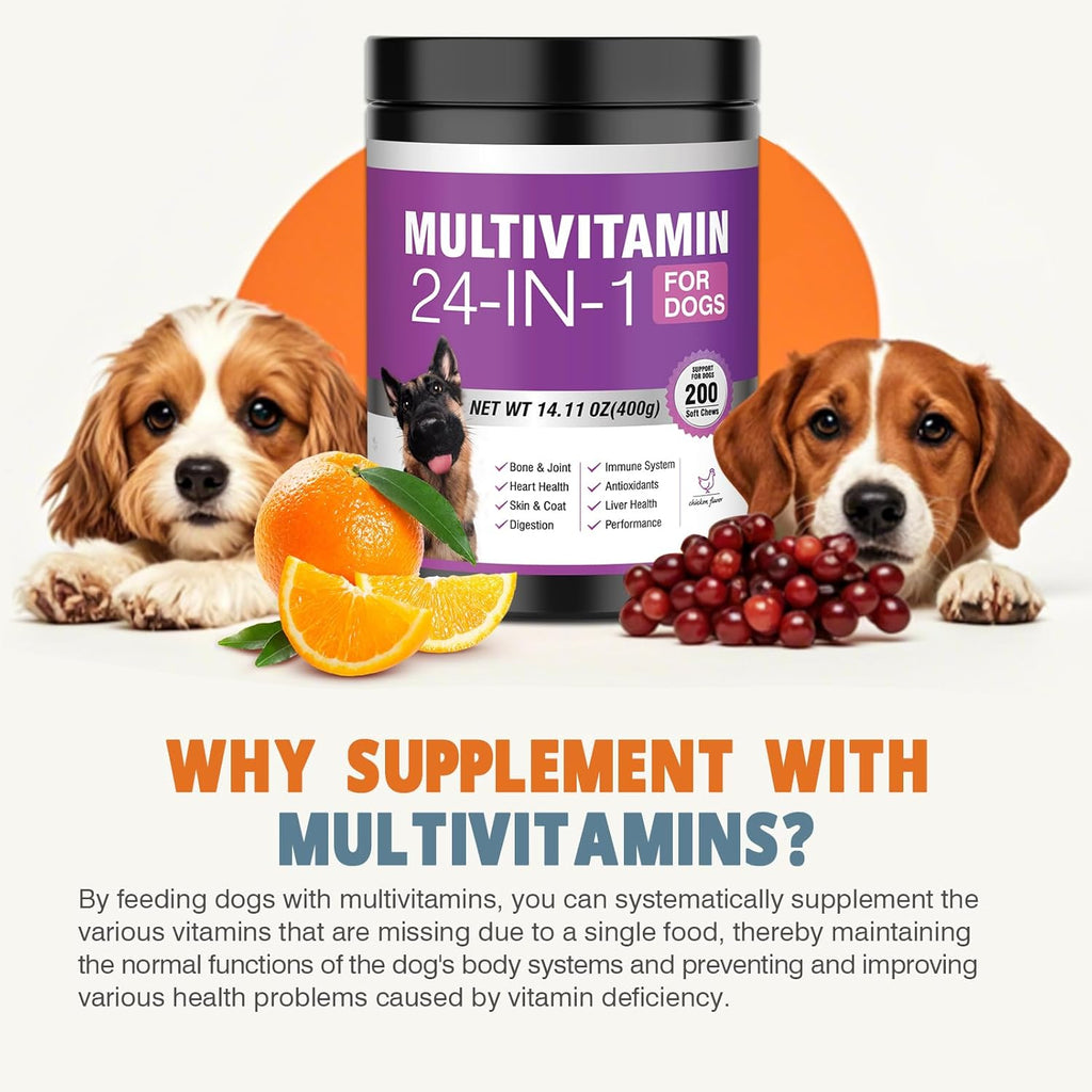 24 en 1 Vitaminas y Suplementos para Perros 200 Comprimidos Masticables con Condroitina, Probióticos, Omega-3, Glucosamina – Sabor Pollo