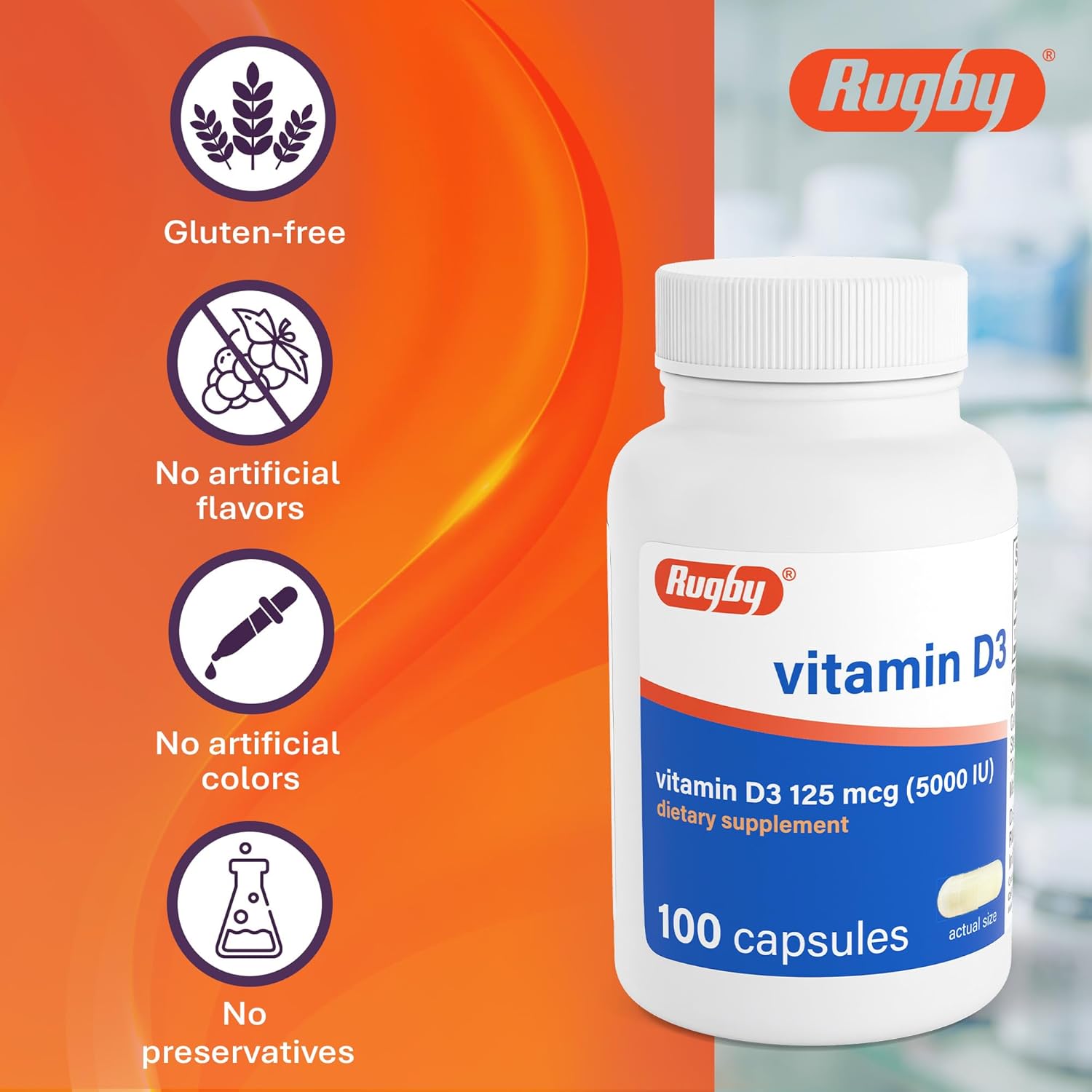 Rugby Vitamina D3 5.000 UI (125 mcg) - 100 Cápsulas