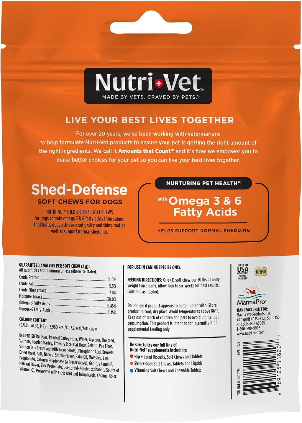 Nutri-Vet Shed Defense Snacks Blandos para Perros - Suplemento para Piel y Pelaje con Omega 3 de Aceite de Pescado, 60 Snacks