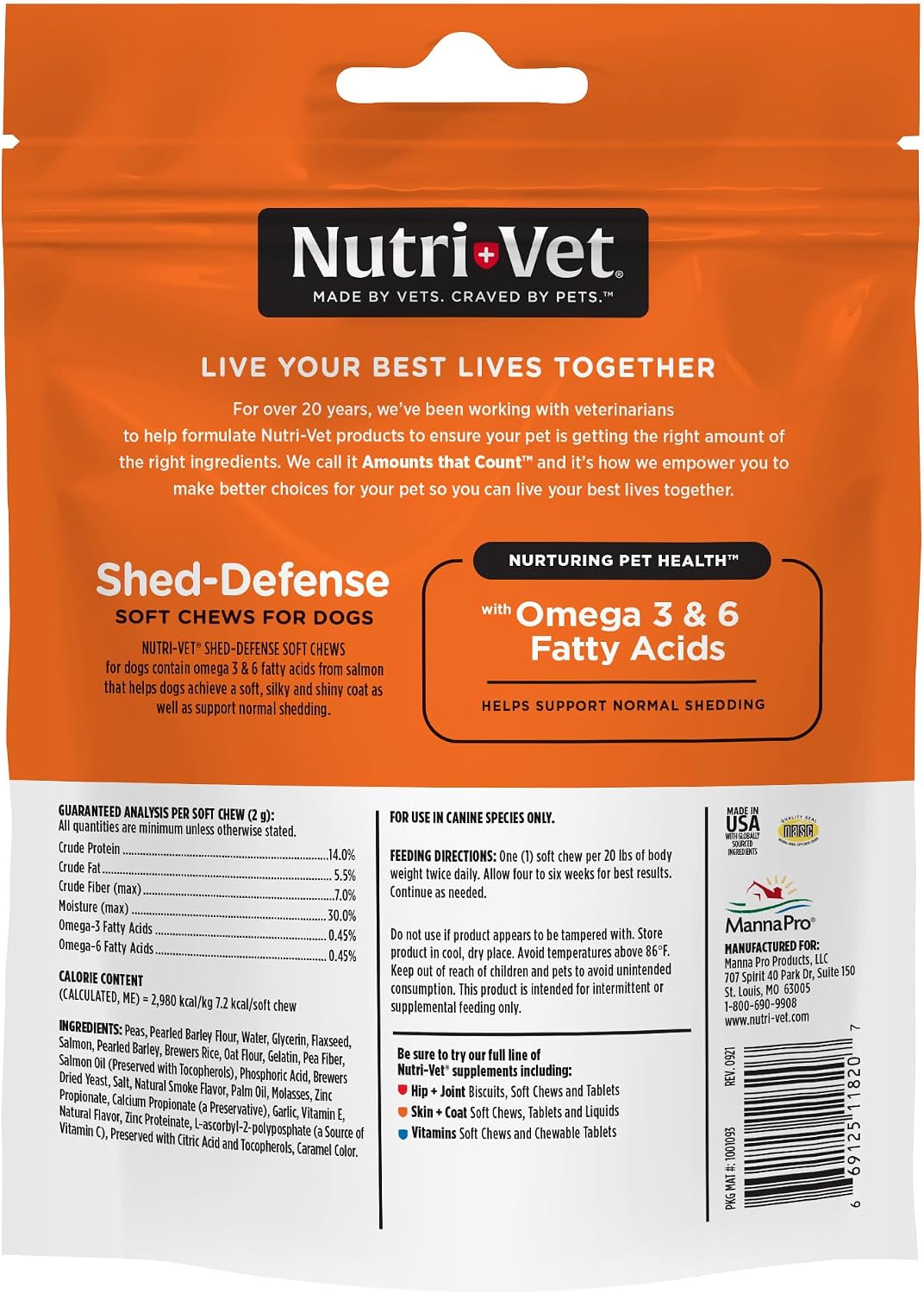 Nutri-Vet Shed Defense Snacks Blandos para Perros - Suplemento para Piel y Pelaje con Omega 3 de Aceite de Pescado, 60 Snacks