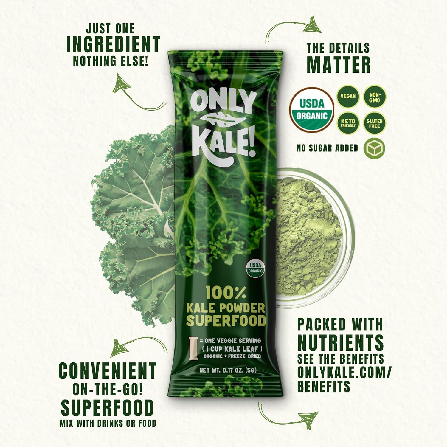 OnlyKale Kale en Polvo Ecológico - Superalimento Verde - 15 Sticks (1 Mes)