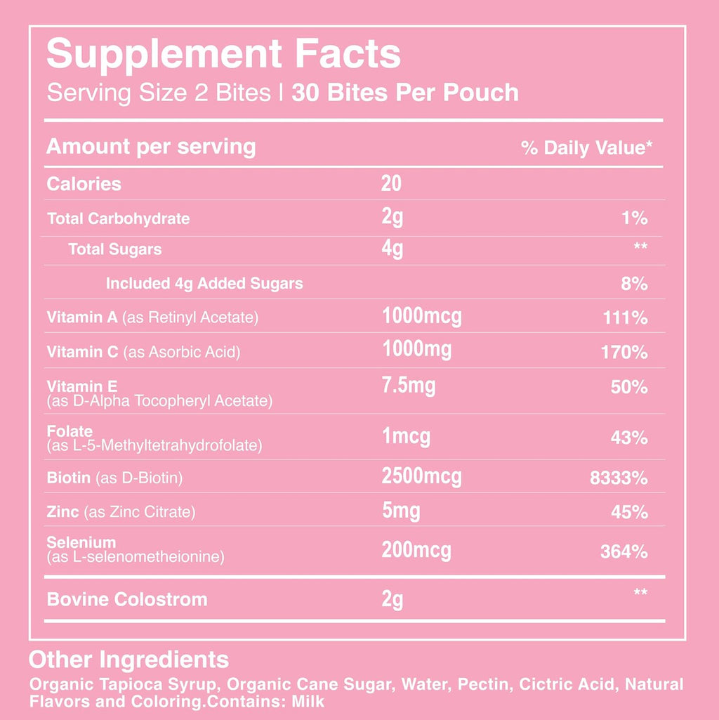 Pretty Thing Colostrum Bites para Mujer – 1g de Calostro Bovino con Biotina, Folato, Zinc y Vitaminas A, C, E – Suplemento de Belleza y Bienestar para Cabello, Piel y Sistema Inmunitario - 30 Bites