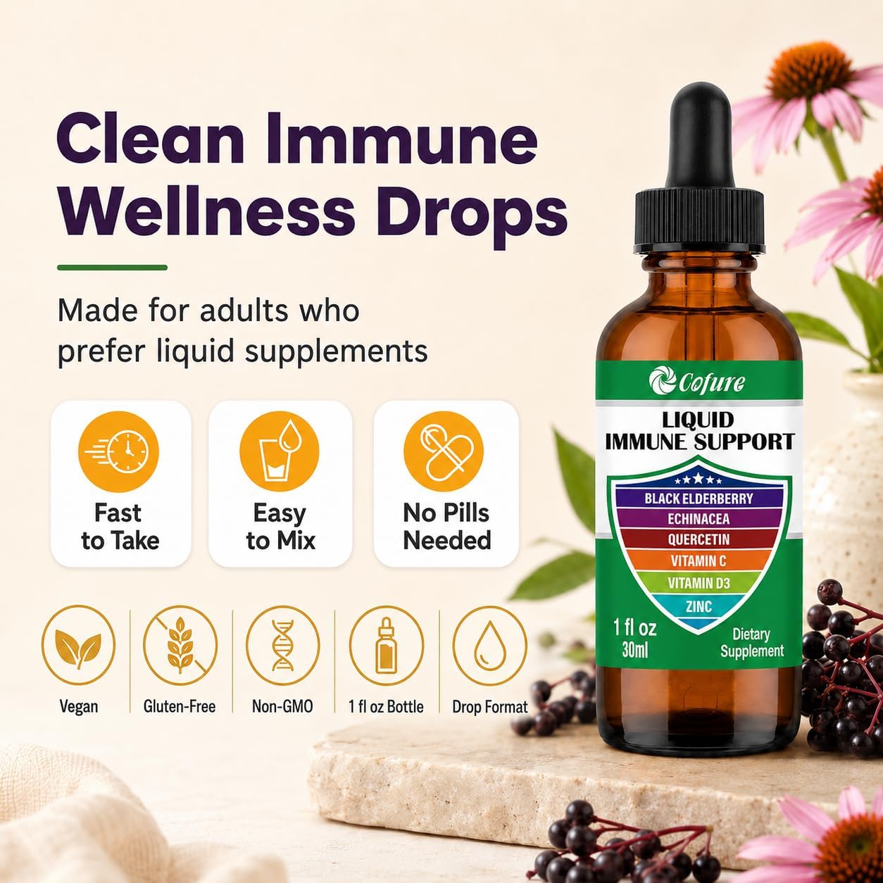 Cofure Zinc Quercetin Vitamina C D3 Líquido con Equinácea y Saúco Orgánicos - Gotas de Apoyo Inmunológico para Adultos - Vegano, Sin Gluten, No-GMO - 30 ml