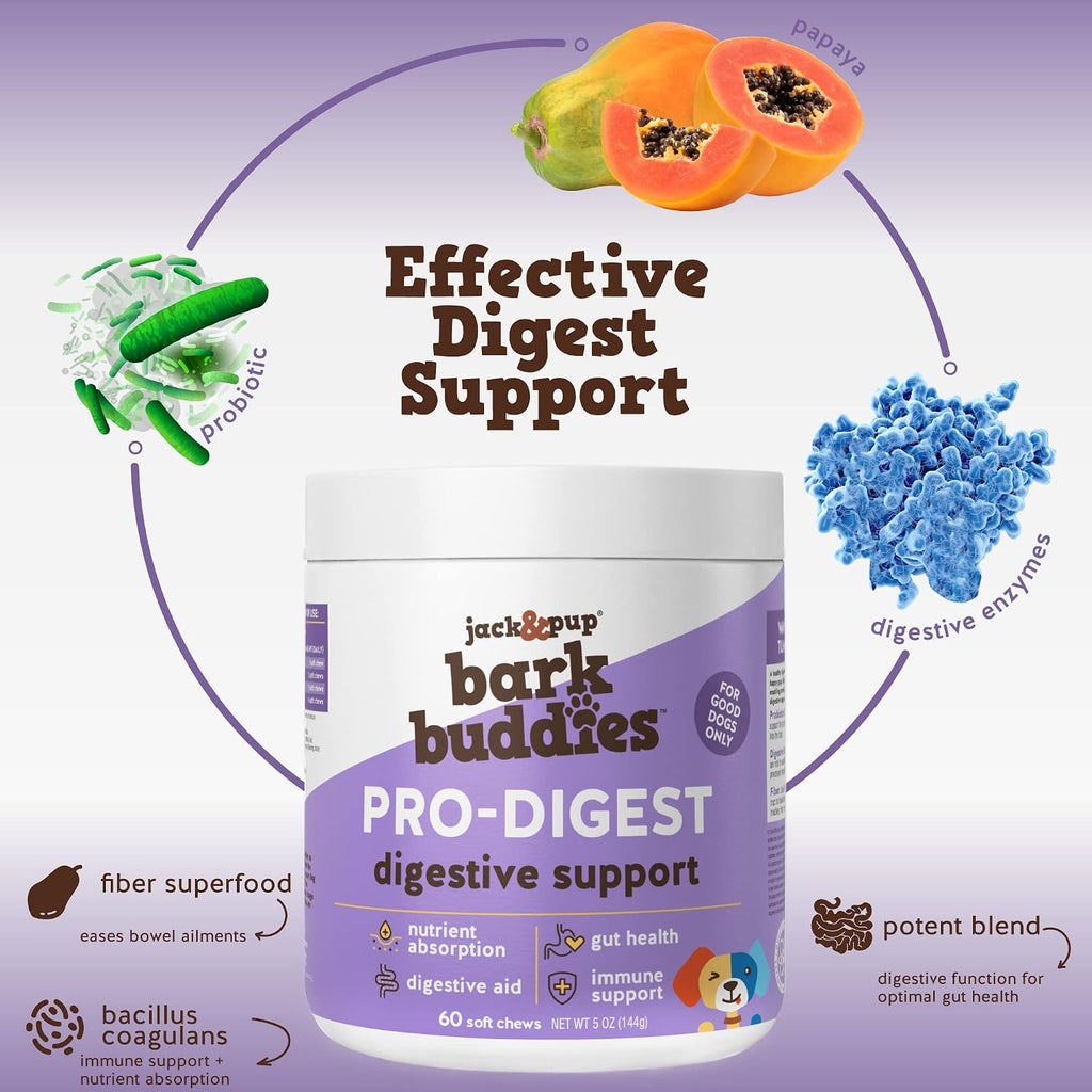 Jack&Pup Pro-Digest Bark Buddies - Probióticos Masticables para Perros (60 uds)