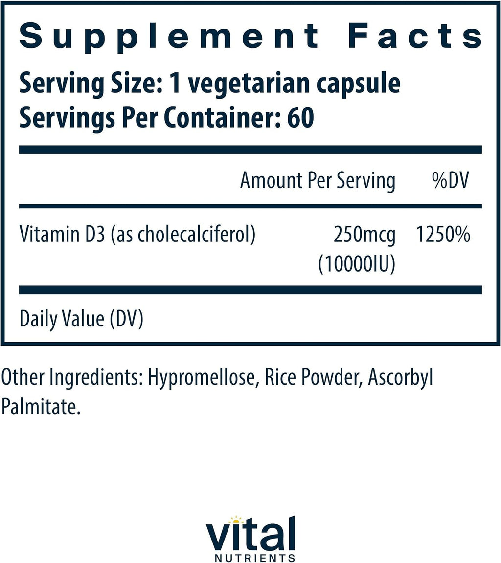 Vital Nutrients Vitamina D3 10000 UI - Suplemento de Vitamina D3 - Huesos, Dientes y Músculos Saludables* - Función Inmune y Celular - Absorción de Calcio - Sin Gluten, Lácteos ni Soja - 60 Cápsulas
