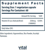 Vital Nutrients Vitamina D3 10000 UI - Suplemento de Vitamina D3 - Huesos, Dientes y Músculos Saludables* - Función Inmune y Celular - Absorción de Calcio - Sin Gluten, Lácteos ni Soja - 60 Cápsulas