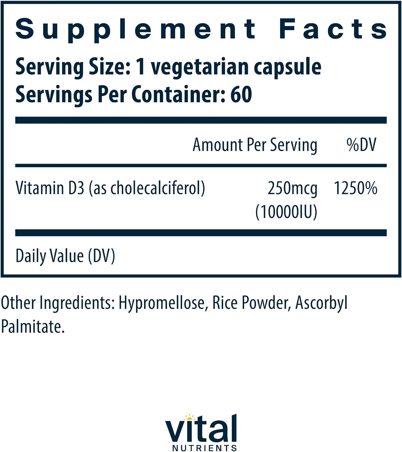 Vital Nutrients Vitamina D3 10000 UI - Suplemento de Vitamina D3 - Huesos, Dientes y Músculos Saludables* - Función Inmune y Celular - Absorción de Calcio - Sin Gluten, Lácteos ni Soja - 60 Cápsulas