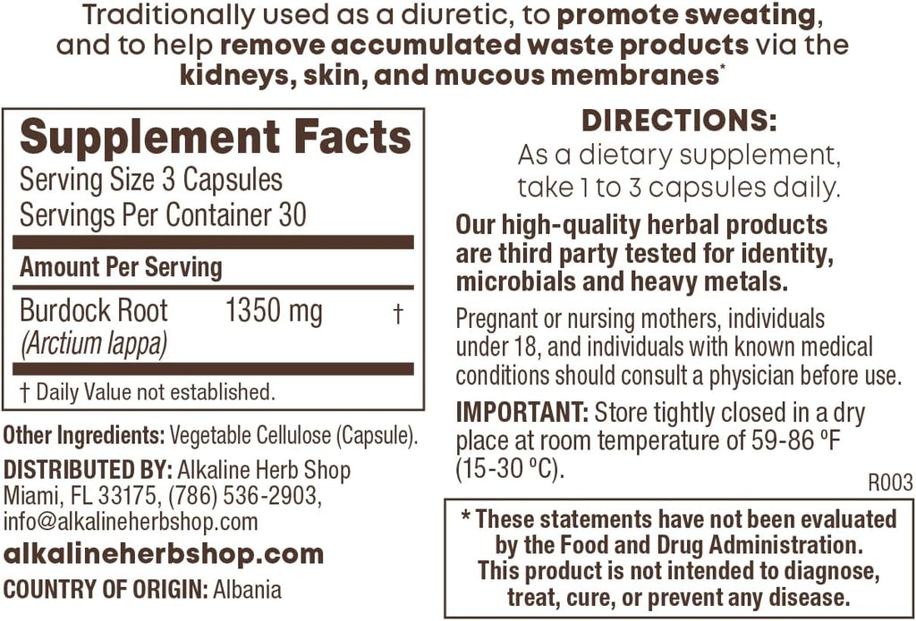 Alkaline Herb Shop Suplemento de Raíz de Bardana 90 Cápsulas