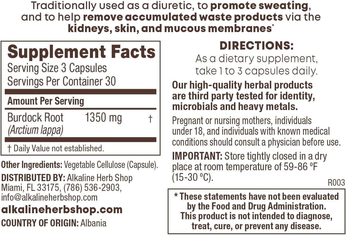 Alkaline Herb Shop Suplemento de Raíz de Bardana 90 Cápsulas