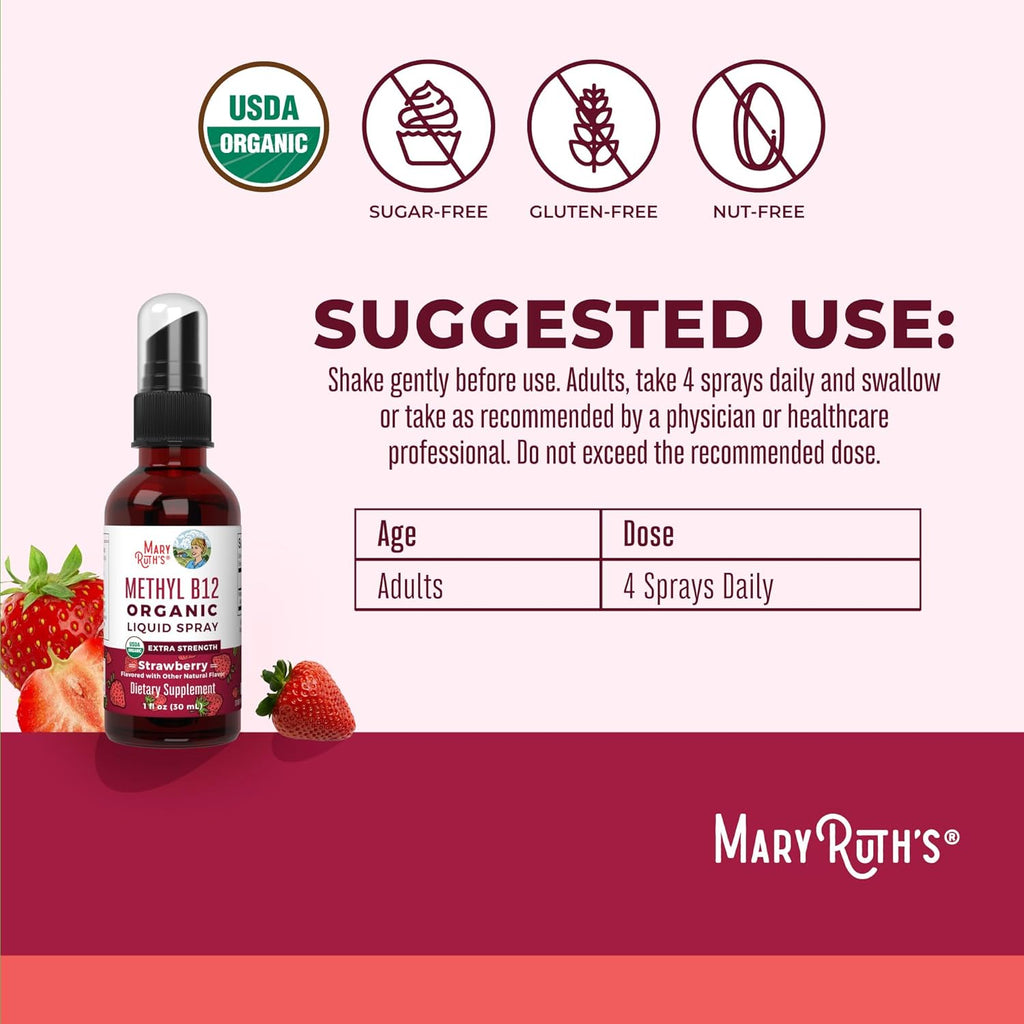 MARYRUTH'S Vitamin B12 Liquid Spray | 720 mcg | Metilcobalamina | USDA Orgánico | Vegano | Sin Gluten | 1 Fl Oz