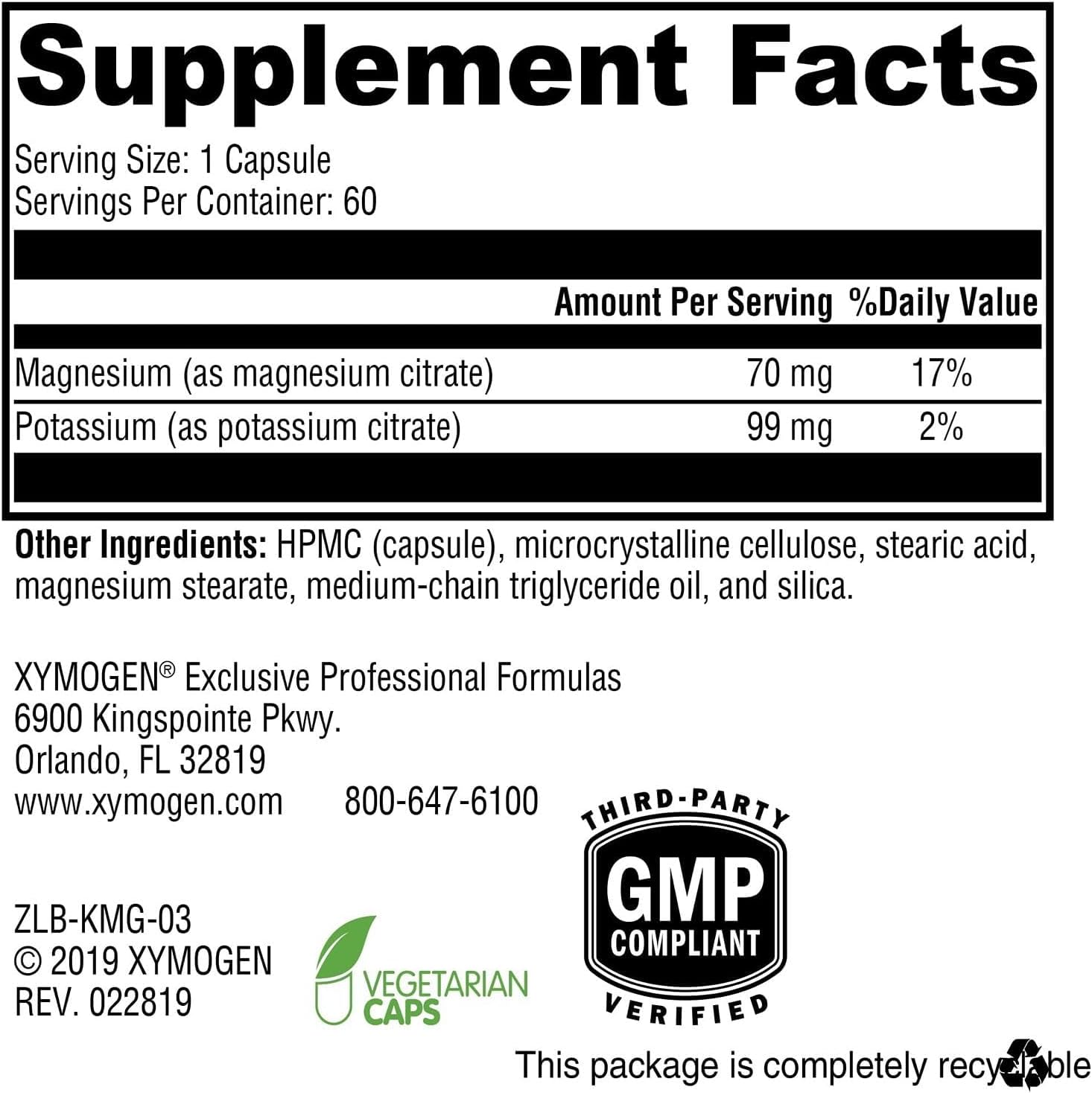 XYMOGEN K-Mg Citrate - Potasio y Magnesio Citrato - Electrolitos, Función Muscular y Nerviosa - Vegano, Sin Gluten y Sin OMG - 60 Cápsulas