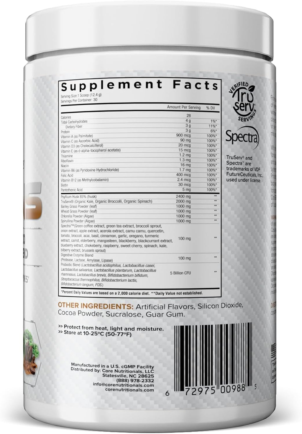 Core Nutritionals Greens - Mezcla Premium de Superfoods Rojos y Verdes con Probióticos, Enzimas Digestivas y Antioxidantes - 30 Servicios (Chocolate Decadence)