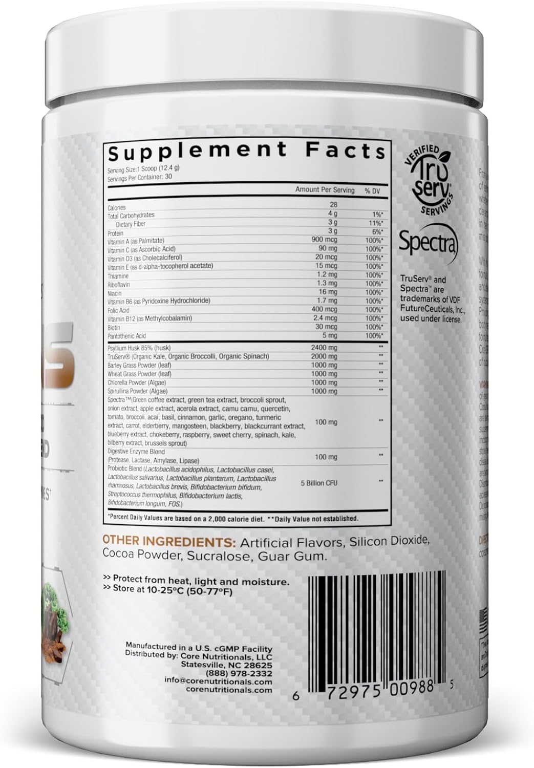 Core Nutritionals Greens - Mezcla Premium de Superfoods Rojos y Verdes con Probióticos, Enzimas Digestivas y Antioxidantes - 30 Servicios (Chocolate Decadence)