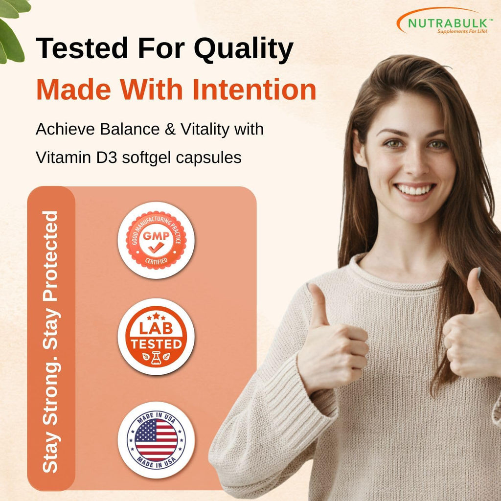 NutraBulk Vitamina D3 2500 UI - 250 Cápsulas Blandas - Alta Potencia - No-GMO, Sin Gluten, Hecho en EE.UU.
