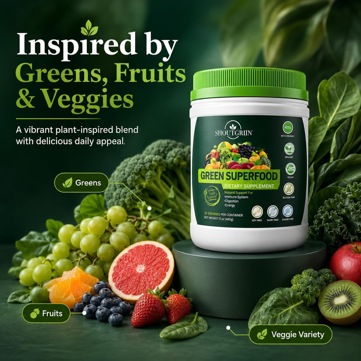 SHOUTGRIIN Green Superfood Powder – Super Greens Orgánicos con Probióticos y Enzimas