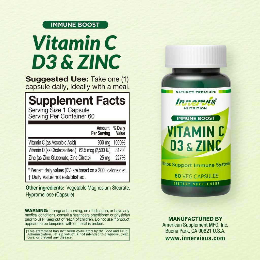 Immune Boost Complex – Vitamina C 900mg, D3 2500 UI y Zinc 25mg – Apoyo al Sistema Inmunitario – 60 Cápsulas Vegetales – Innervis Nutrition
