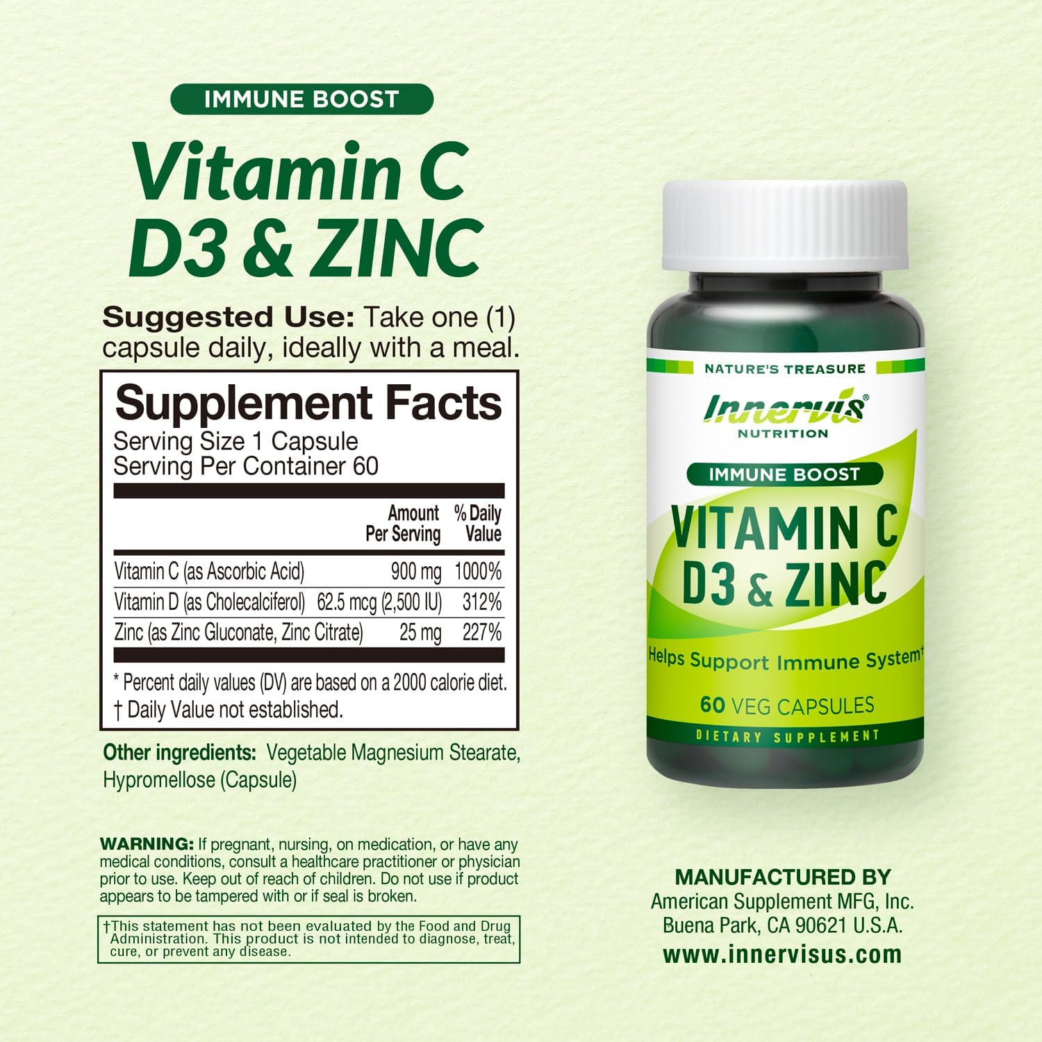 Immune Boost Complex – Vitamina C 900mg, D3 2500 UI y Zinc 25mg – Apoyo al Sistema Inmunitario – 60 Cápsulas Vegetales – Innervis Nutrition
