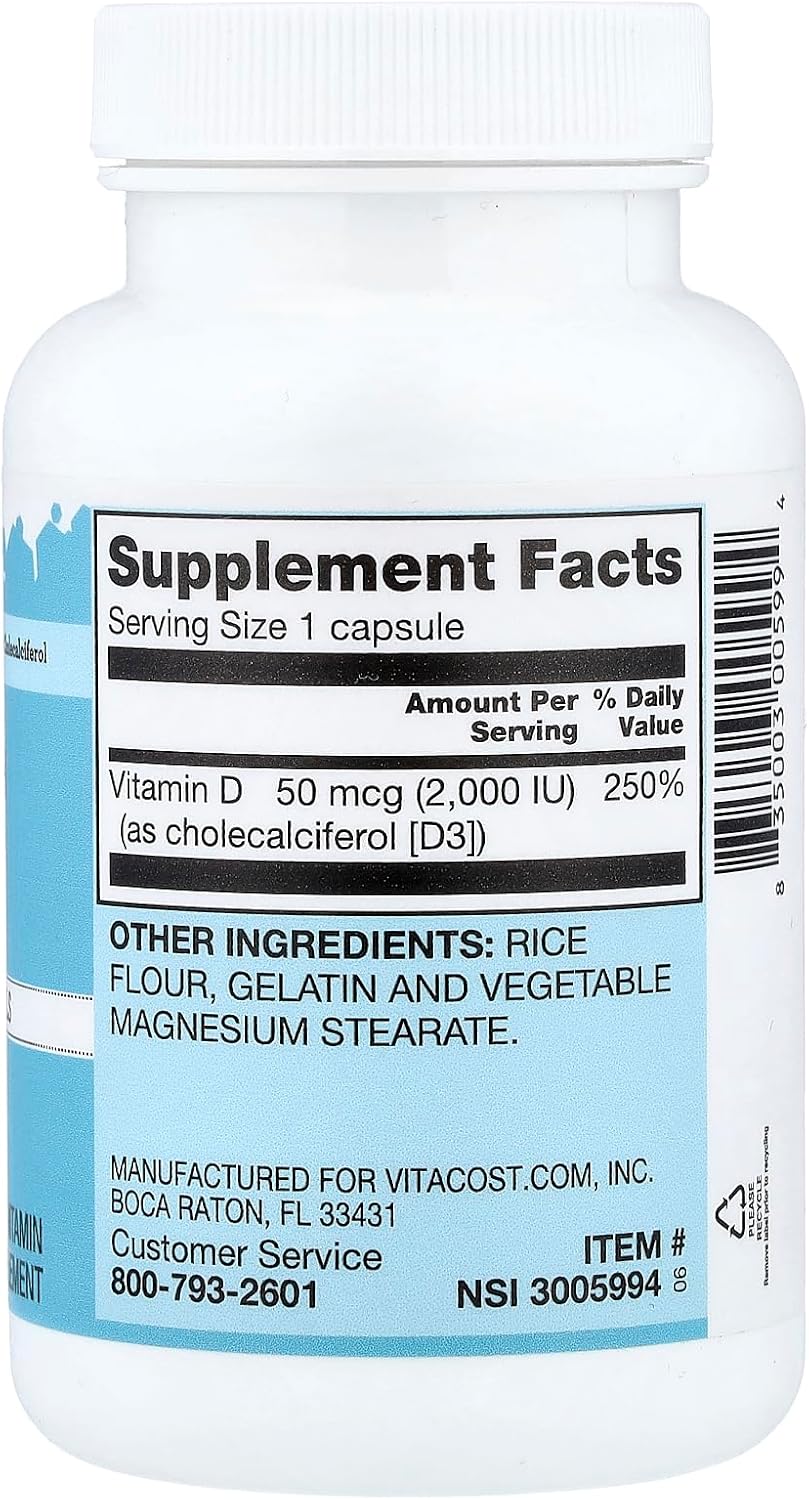 Vitacost Vitamina D3 (Colecalciferol) 2000 IU - 300 Cápsulas