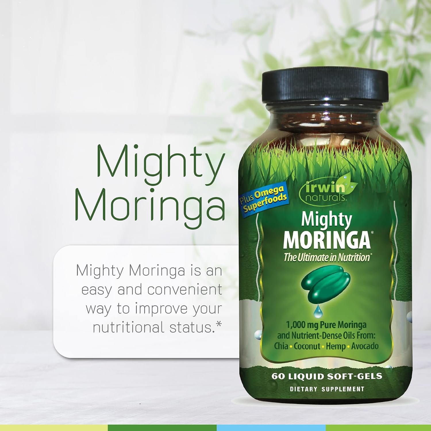 Irwin Naturals Mighty Moringa – 60 Cápsulas Blandas – Superalimento de Planta Entera y Concentrado de Nutrientes Diarios