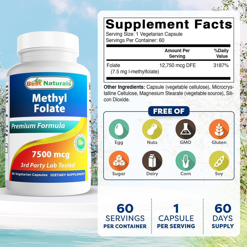 Best Naturals Metilfolato 7500 mcg - 60 Cápsulas Vegetales