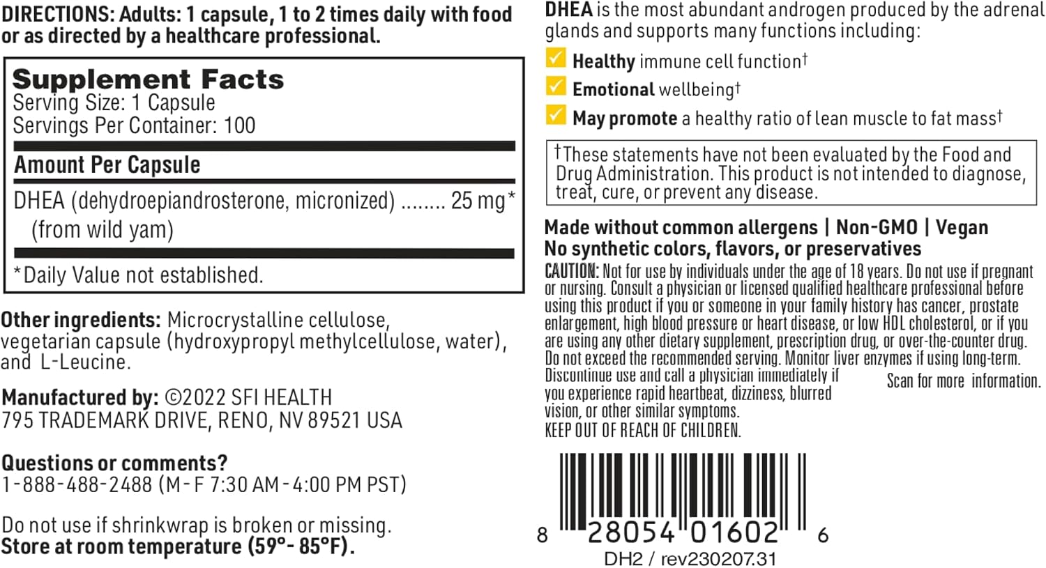 Klaire Labs SFI Health DHEA 25 mg - Dehidroepiandrosterona Derivada de Ñame Silvestre - Micronizada para una Absorción Superior - Sin Soja, Hipoalergénica - 100 Cápsulas