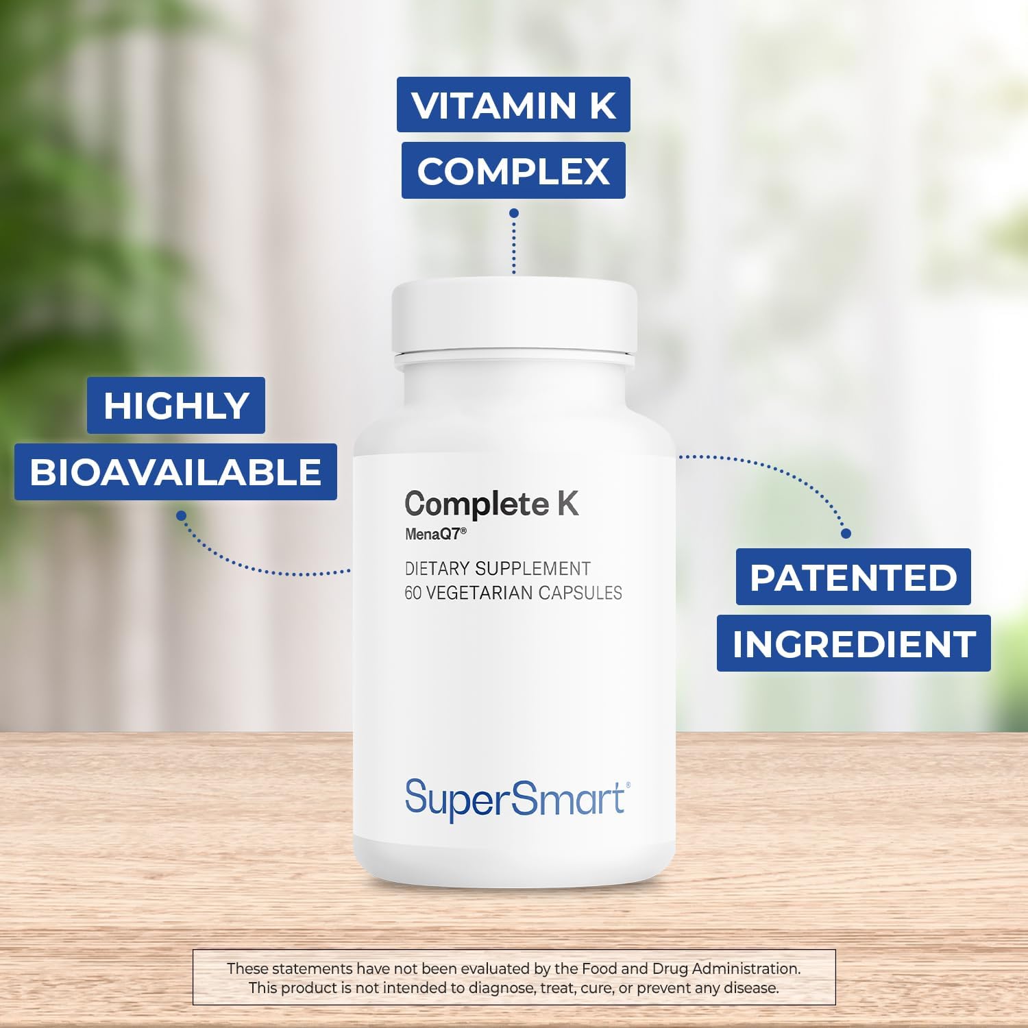 Supersmart Complete K - Complejo de Vitamina K con K1, K2 (MK4 + MK7) - 60 Cápsulas Vegetales