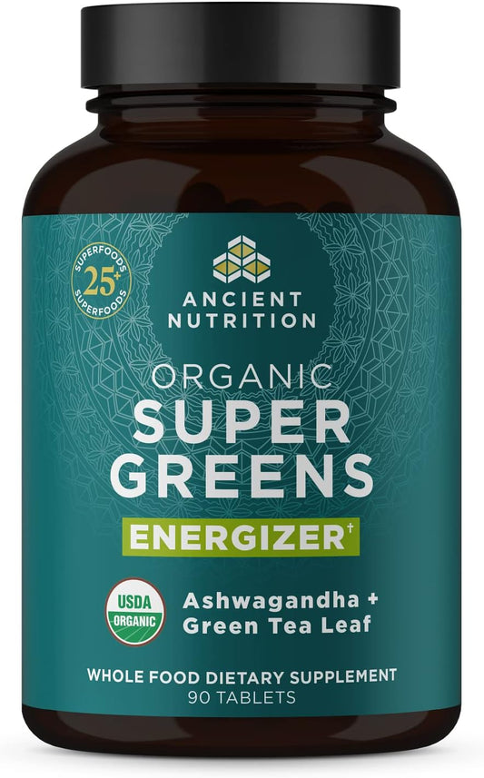 Ancient Nutrition Supergreens Energizer, Comprimidos Orgánicos con Cafeína, 90 uds