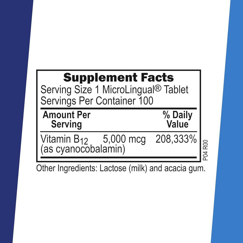 Superior Source No Shot Vitamina B12 Cianocobalamina 5000 mcg, 100 Comprimidos Sublinguales
